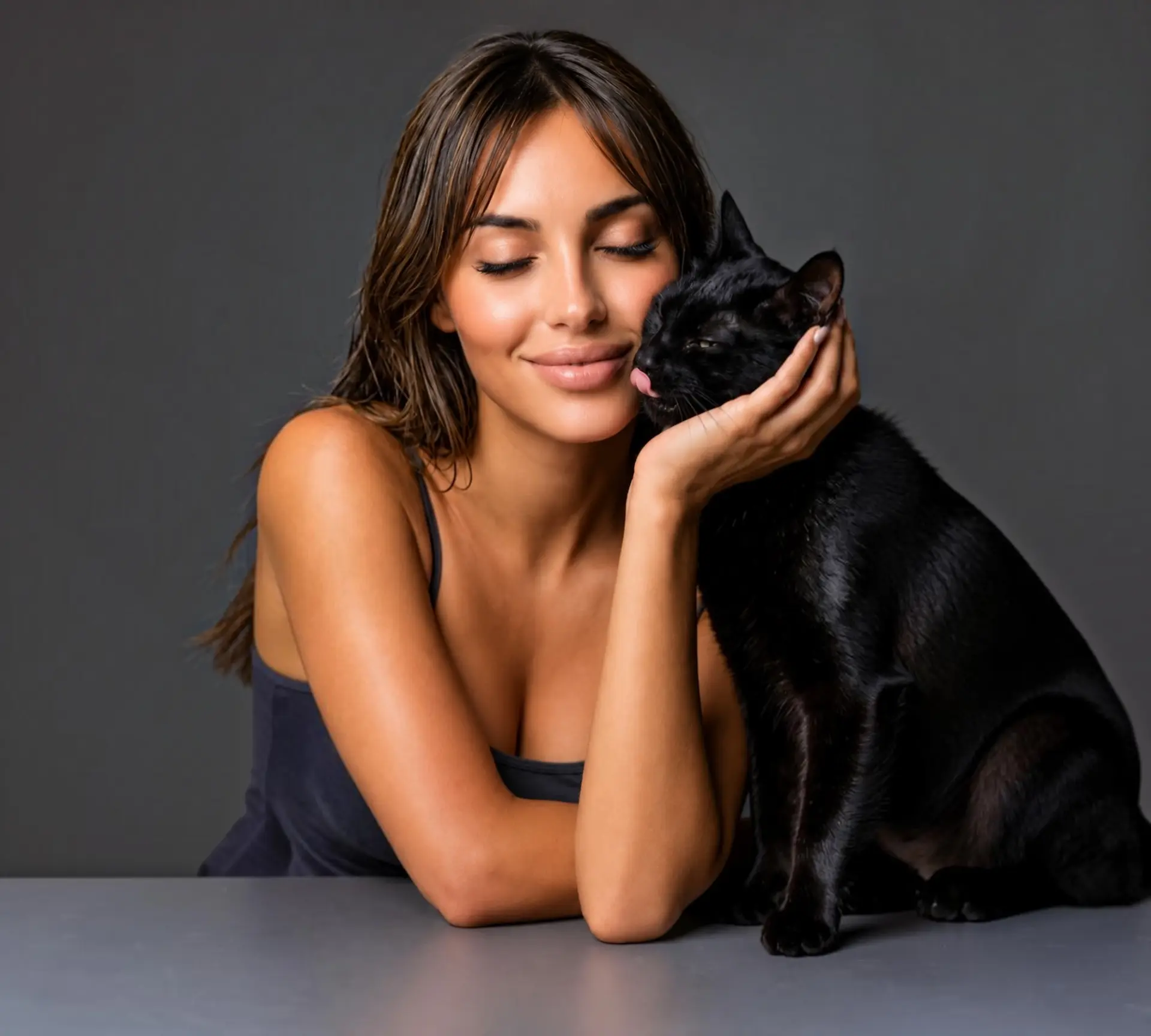 Seraphina Valone with her black cat, intimate studio portrait